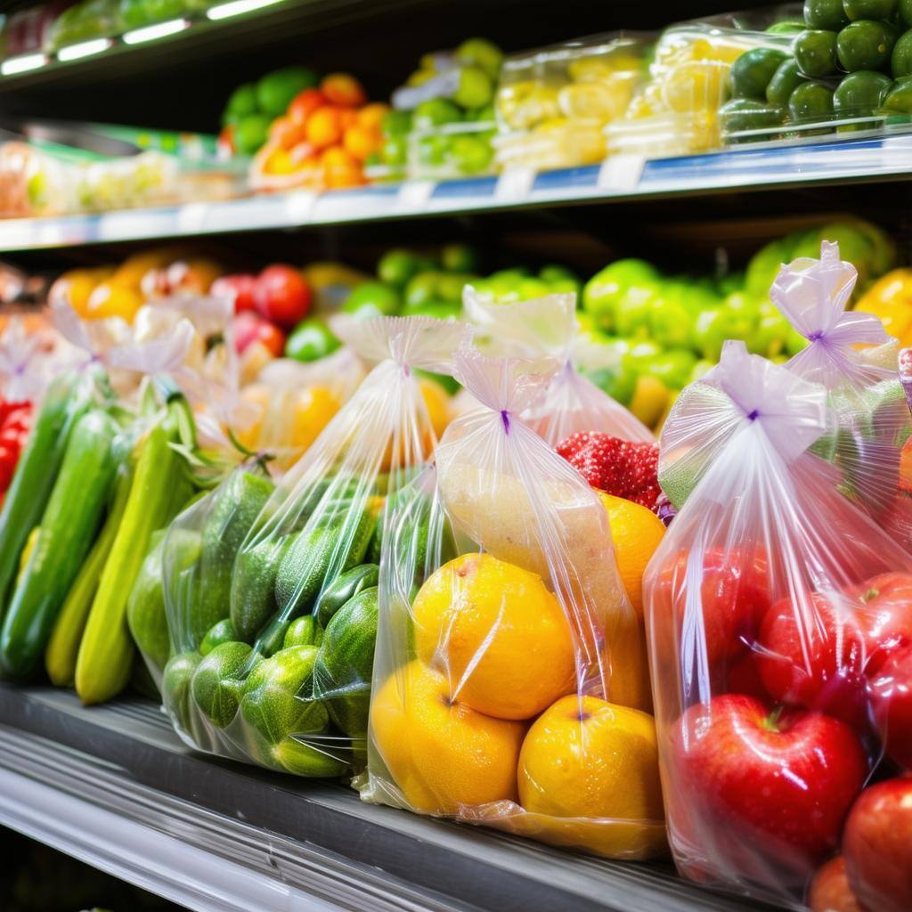 Fruits and vegetables in plastic bags and containers for sale in a grocery store-1