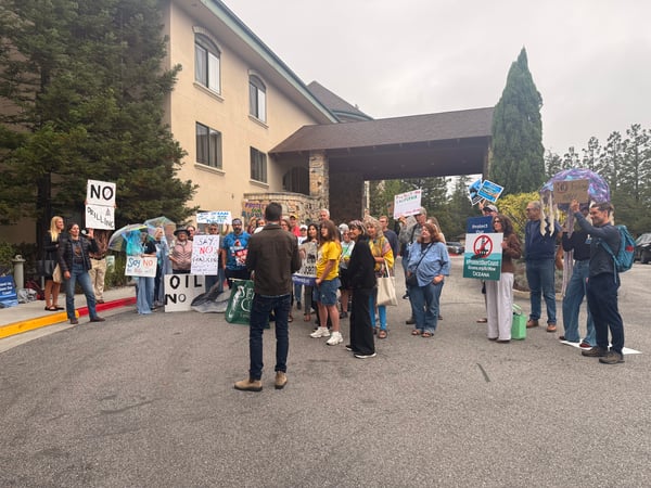  Matt Koller from Surfrider speaks at the pre-hearing rally to oppose offshore fracking